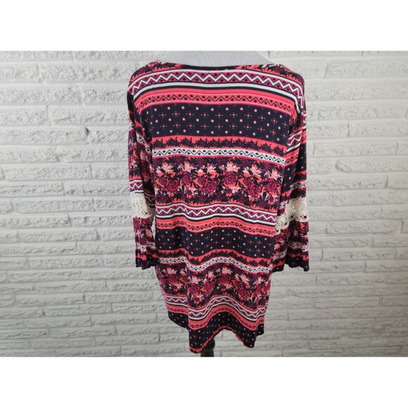 Cato Womens Top 18W 20W Plus Tunic Lace Sleeve Black Floral FLO350E - Picture 6 of 9